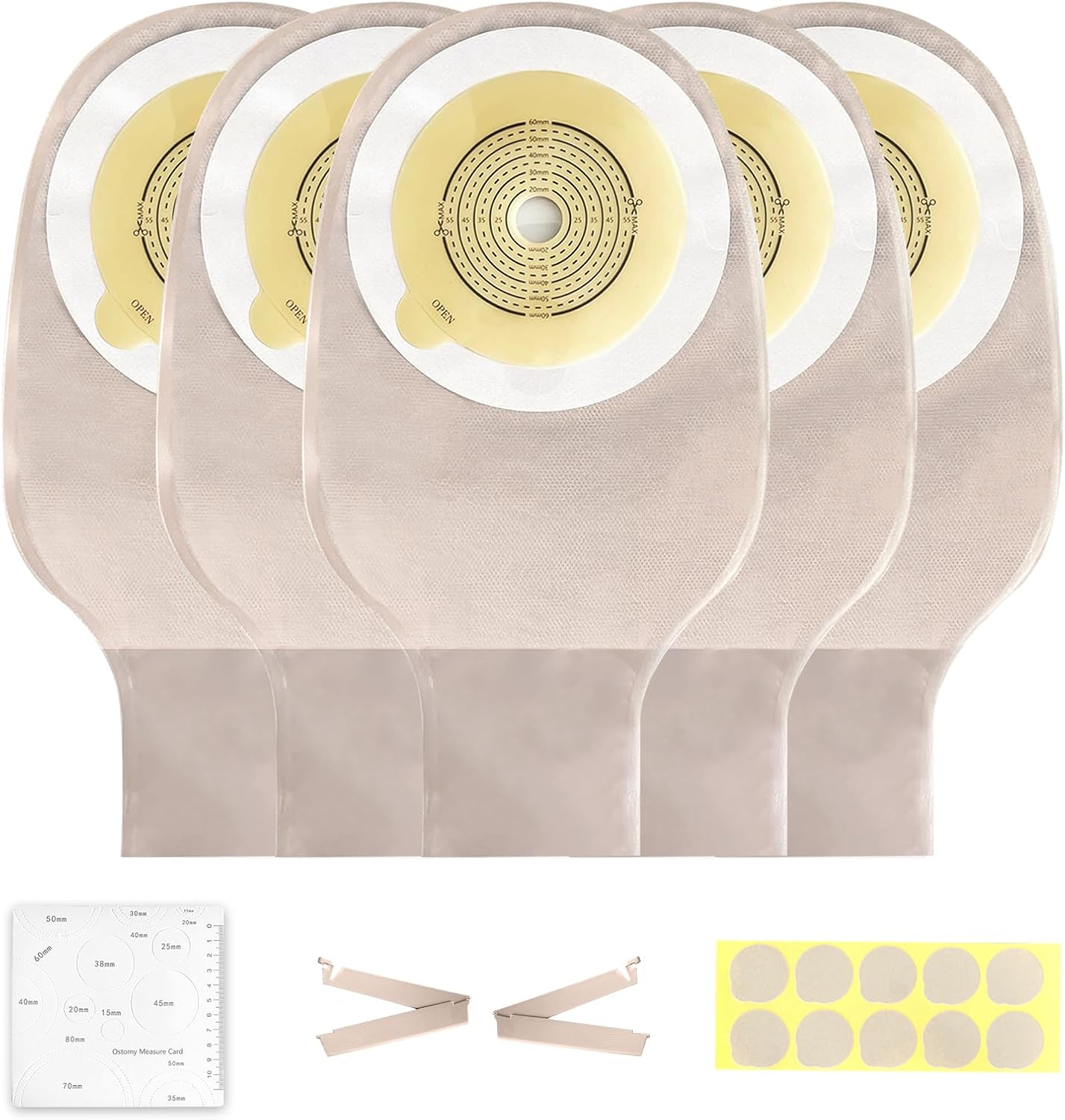 5 PCS Colostomy Bags,Ostomy Supplies,One Piece Drainable Ostomy Pouch Bags with 2 Clips Closure for Ileostomy Stoma Care,20mm-60mm Cut-to-Fit