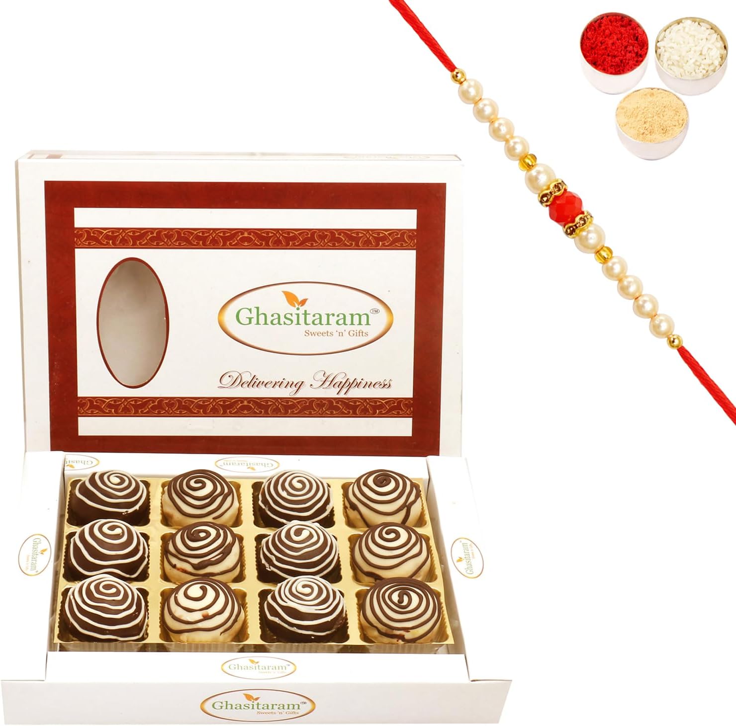 Ghasitaram Gifts Rakhi Gifts for Brothers Rakhi Sweets - Chocolate Galaxy Cashew Laddoos in White Box with Beads Rakhi