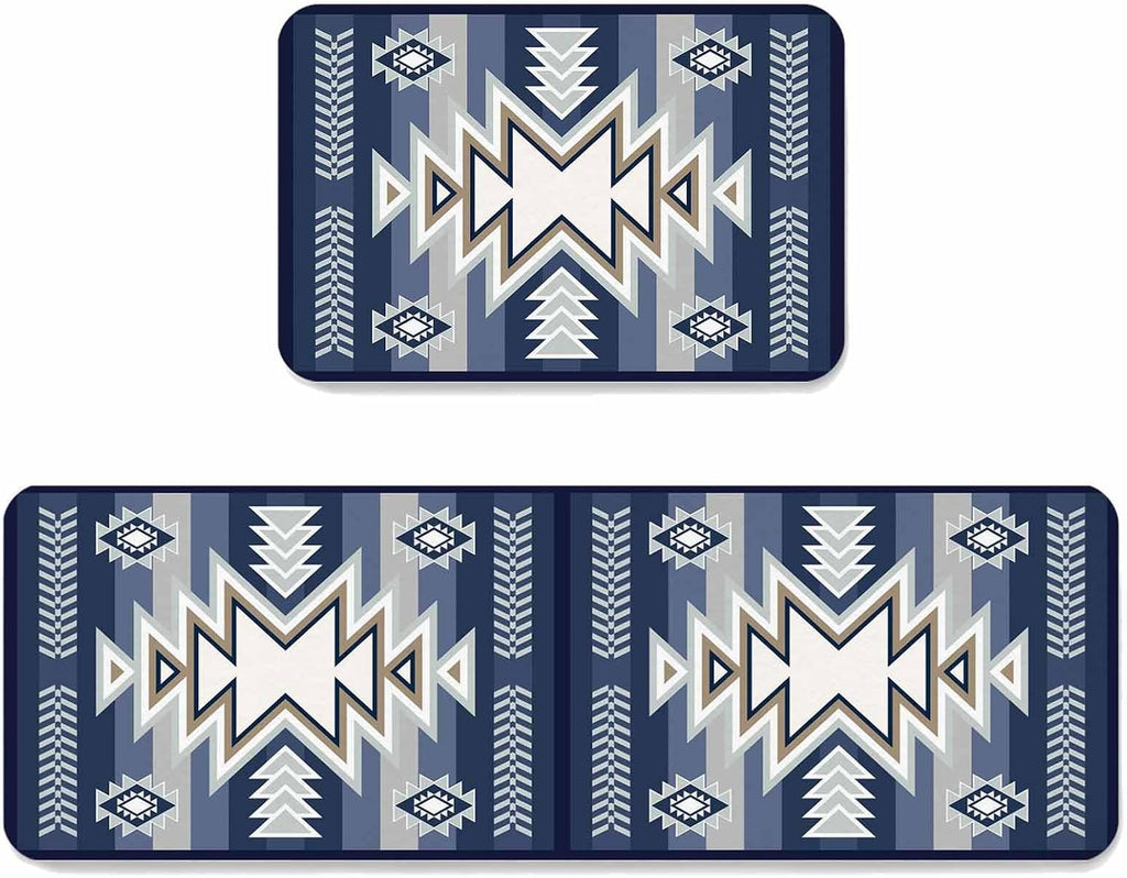 Bohemia Aztec Kitchen Mats for Floor 2 Piece, Blue Geometric Country Farmhouses Tribe Absorbent Non-Slip Kitchen Rugs Comfort Standing Mat for Laundry, Hallways 15.7"x23.6"+15.7"x47.2"