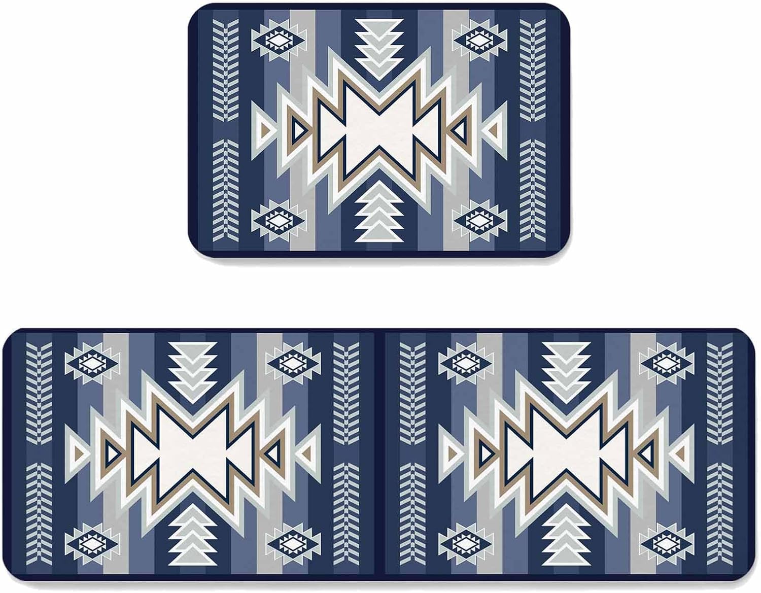 Bohemia Aztec Kitchen Mats for Floor 2 Piece, Blue Geometric Country Farmhouses Tribe Absorbent Non-Slip Kitchen Rugs Comfort Standing Mat for Laundry, Hallways 15.7"x23.6"+15.7"x47.2"