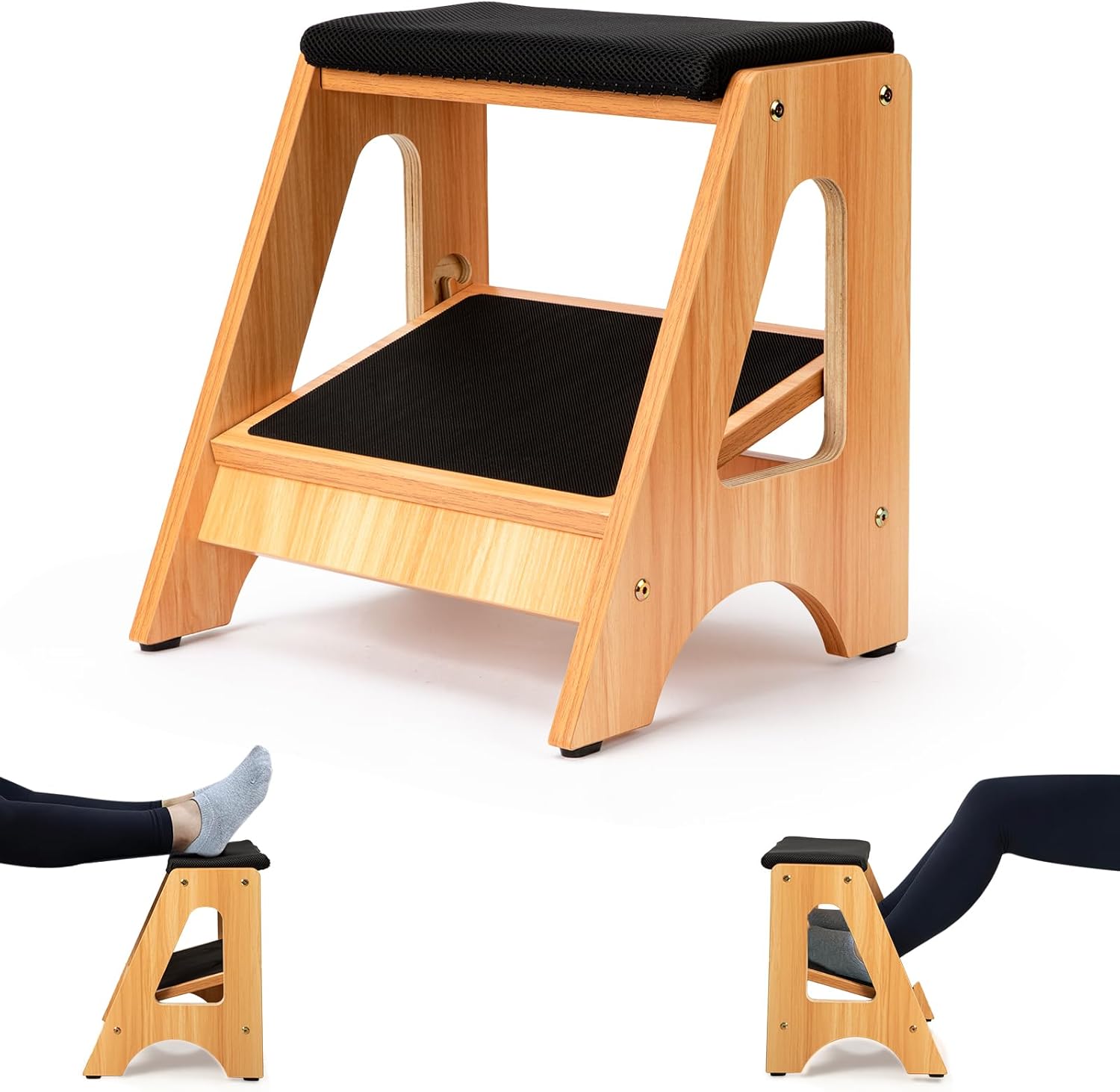 StrongTek Double Step Footrest, Adjustable Wooden Foot Stool with 3 Height Levels, Cushioned Top & Non-Slip Base, Ergonomic Under Desk Leg Rest for Office Home