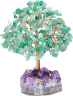 Jovivi Natural Green Aventurine Healing Crystal Money Tree on Amethyst Cluster Geode Druzy Base Feng Shui Crystals for Home Office Desk Decorations, Wealth, Good Luck