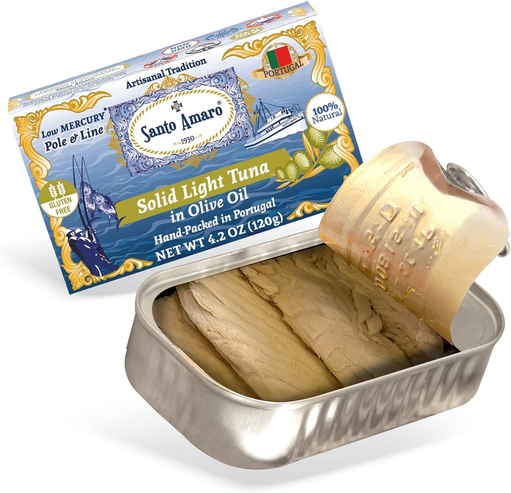 Santo Amaro - Artisanal Wild Tuna Fillets in Virgin Olive Oil, Hand-Packed Canned Tuna from Portugal, Atlantic Natural Tuna, Pole & Line Skipjack Tuna Canned, Low Mercury, 22g Protein Keto, Pack of 6