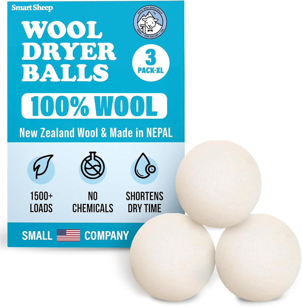 Wool Dryer Balls - Smart Sheep 3-Pack - XL Premium Natural Fabric Softener Award-Winning - Wool Balls Replaces Dryer Sheets - Laundry Balls