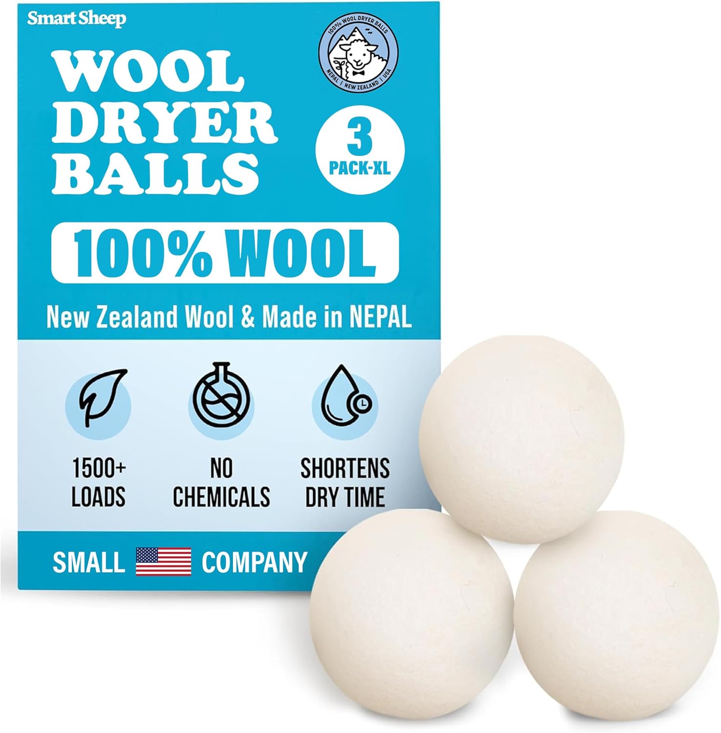 Wool Dryer Balls - Smart Sheep 3-Pack - XL Premium Natural Fabric Softener Award-Winning - Wool Balls Replaces Dryer Sheets - Laundry Balls