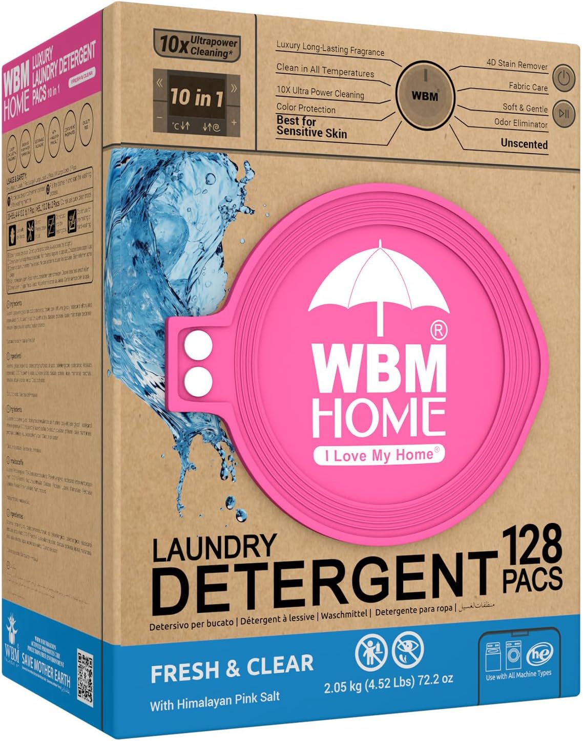 WBM Laundry Detergent Pods, 128 Count | Fresh & Clear Unscented | Laundry Pods 10x Ultrapower Cleaning With Color Protection and Eco-Friendly Packaging