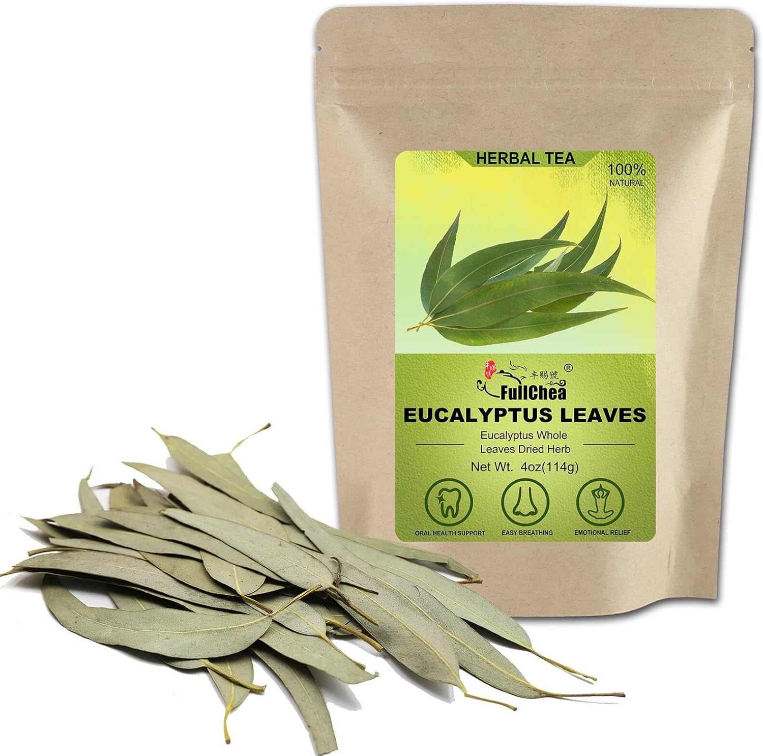FullChea - Dried Eucalyptus Leaves - 4oz/114g - Hojas de Eucalipto - Premium Chinese Dried Eucalyptus Herb Whole Leaf - Non-GMO - Caffeine-free - Easy Breathing Support