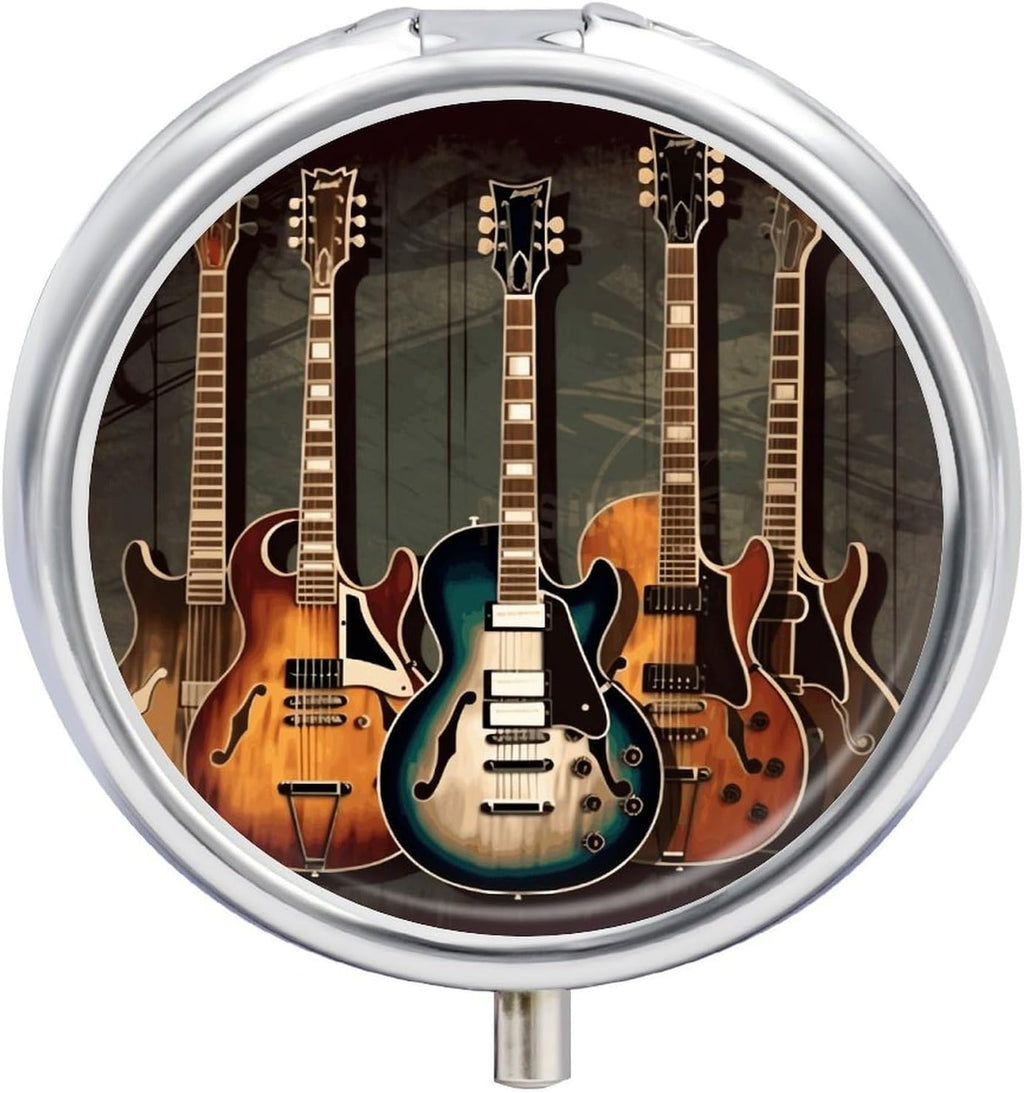 Round Pill Box Guitars Art Pill Case 3 Compartment Medicine Pill Organizer for Purse & Pocket Portable Travel Pillbox Medicine Vitamin Cod Liver Oil Storage Box Organizer