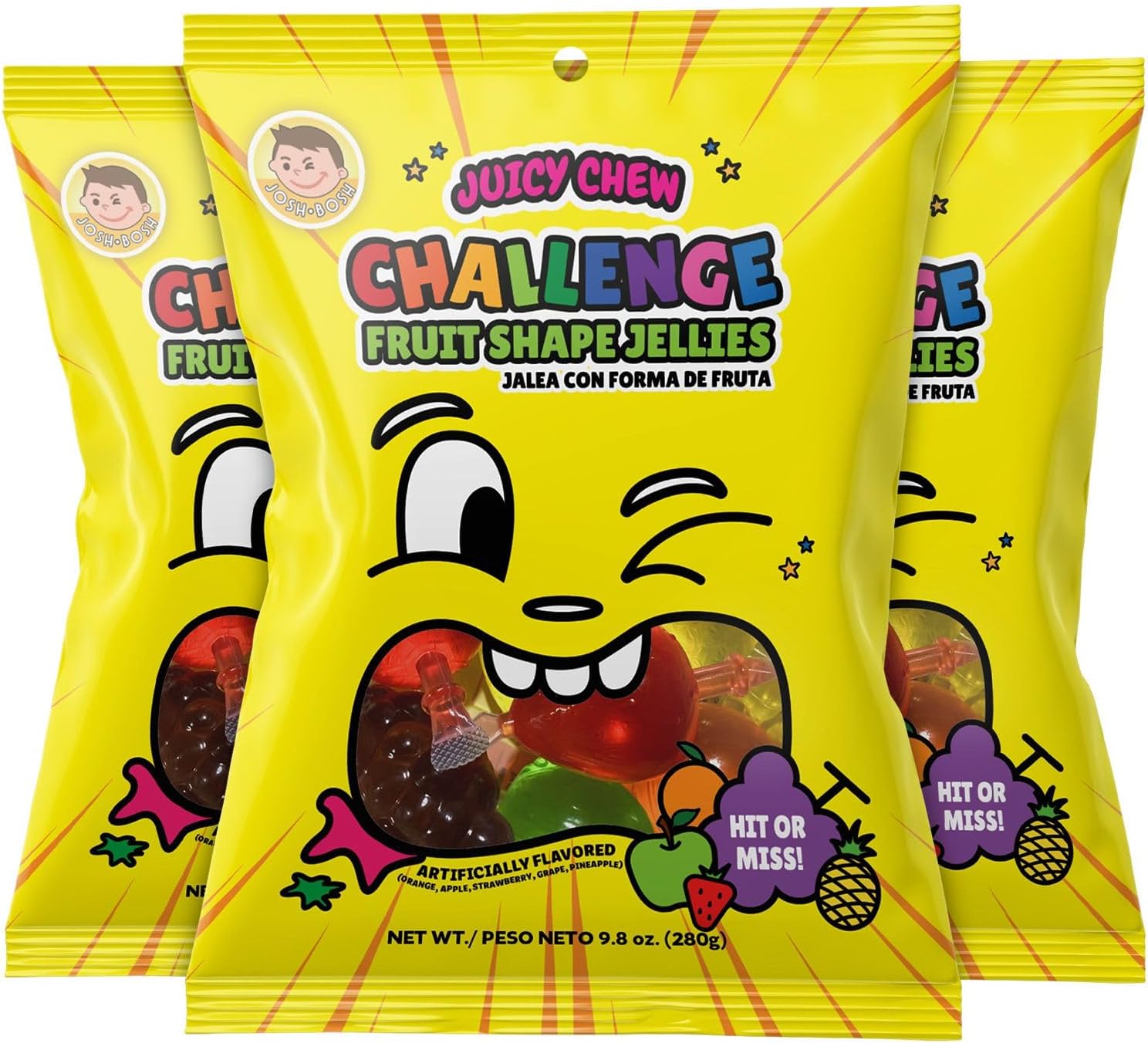 Pocas Josh Bosh Juicy Chew Challenge Fruit Shape Jellies 3-Pack, 7 Fruit-Flavored Shapes for the “Hit or Miss Challenge” Per 9.87 Oz Bag