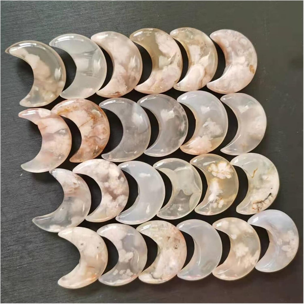 Natural Crystal Rough Natural Cherry Blossom Agate Moon-Shaped Crystal Flower Agate Quartz Gemstone Healing Stone Mineral Ornaments(1pcs)