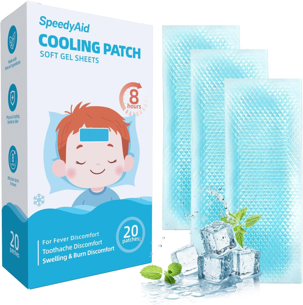 20 Sheets SpeedyAid Fever Patches for Kids & Adults - Soft Gel Cooling Pads for Fever Discomfort & Pain Relief, Soothe Headache Pain, Pack of 20