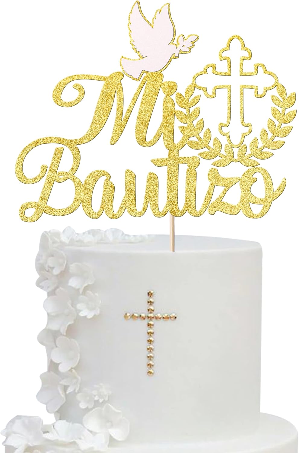 1 Pack Spanish Mi Bautizo Cake Topper Glitter Cross First Holy Communion Baptism Cake Pick Religious God Bless Baptism Cake Decoration for Baby Shower Birthday Party Supplies Gold