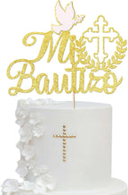 1 Pack Spanish Mi Bautizo Cake Topper Glitter Cross First Holy Communion Baptism Cake Pick Religious God Bless Baptism Cake Decoration for Baby Shower Birthday Party Supplies Gold