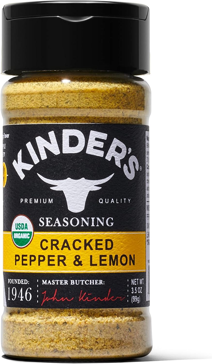 Kinder's Organic Cracked Pepper and Lemon, Premium Quality Seasoning, MSG Free and USDA Certified Organic, 3.5 oz