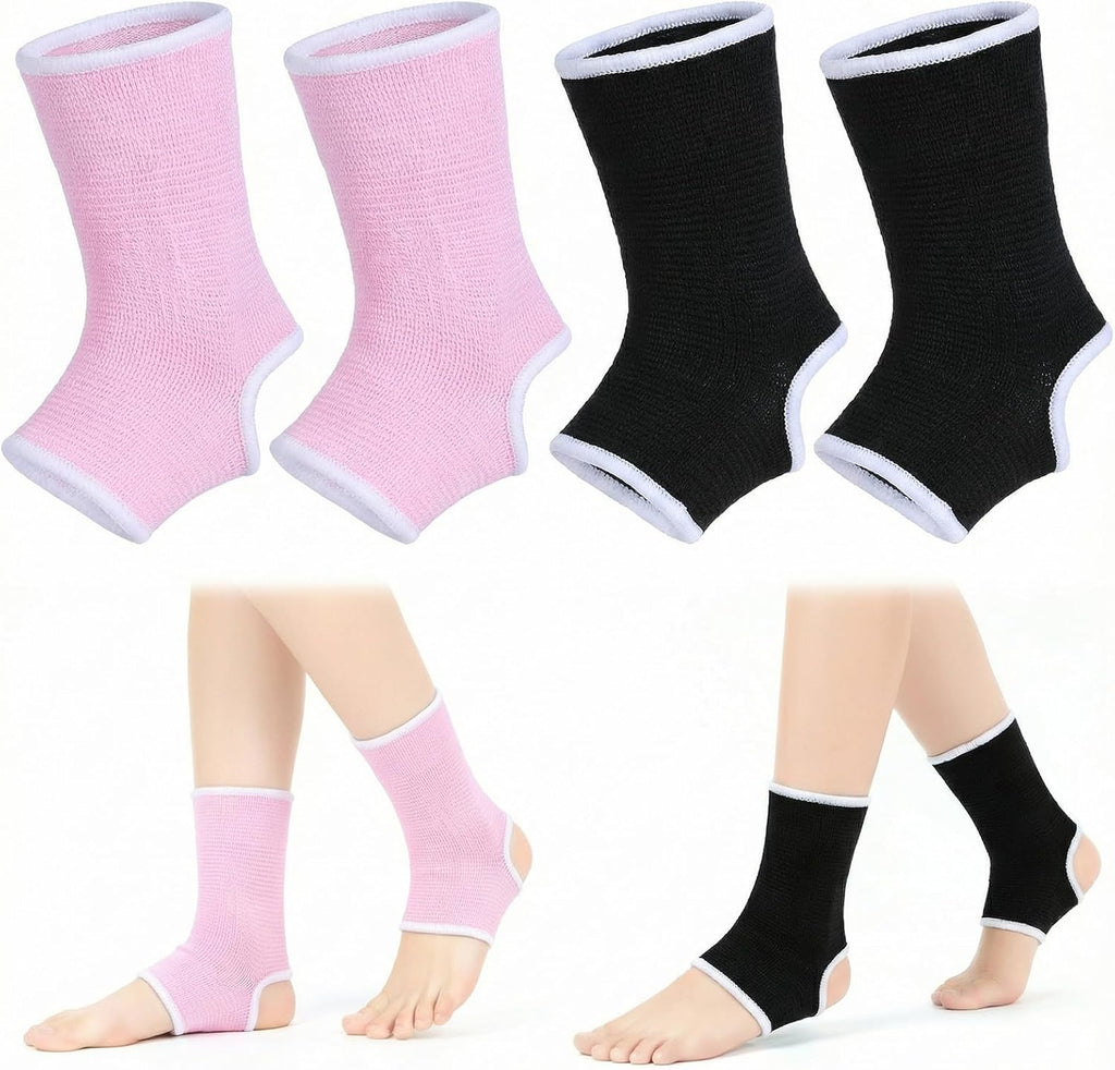 2 Pairs Compression Ankle Brace for Kids, Elastic Braces for Sprained Ankles, Kids Ankle Support for Youth Aged 6-14, Ankles Compression Sleeve for Dance Sports (Black and Pink)
