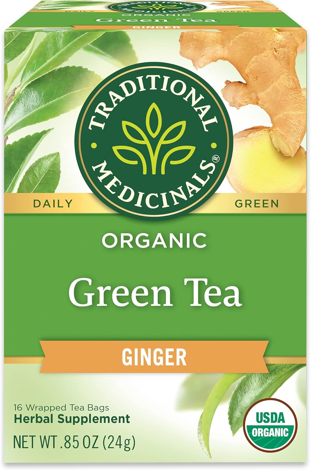 Traditional Medicinals Tea, Organic Green Tea Ginger - Promotes Healthy Digestion, Occasional Nausea & Indigestion Relief - Kosher, Non-GMO - 16 Tea Bags