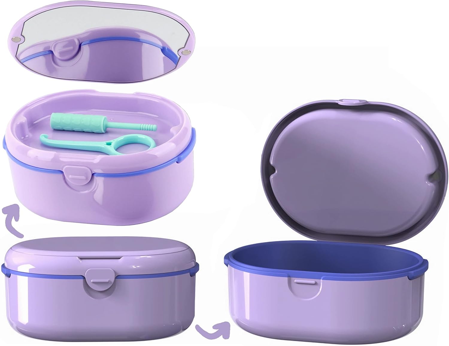 MURRI&MURRDI Retainer Case, Denture Bath Box with Strainer Basket, Mouth Guard Case Purple Braces Cleaner Cup, Cute Denture Holder Retainer Storage Soak Container for Travel (D Purple)