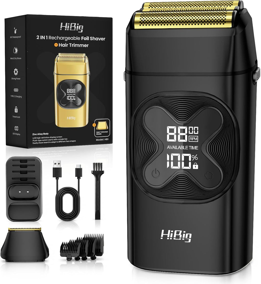 Professional Double Foil Shavers for Men: 2-in-1 Electric Razor for Men, Portable LED Display Cordless Close Beard Trimmer for Head Beard Neck, Technology & Precision Blades, Obsidian Black