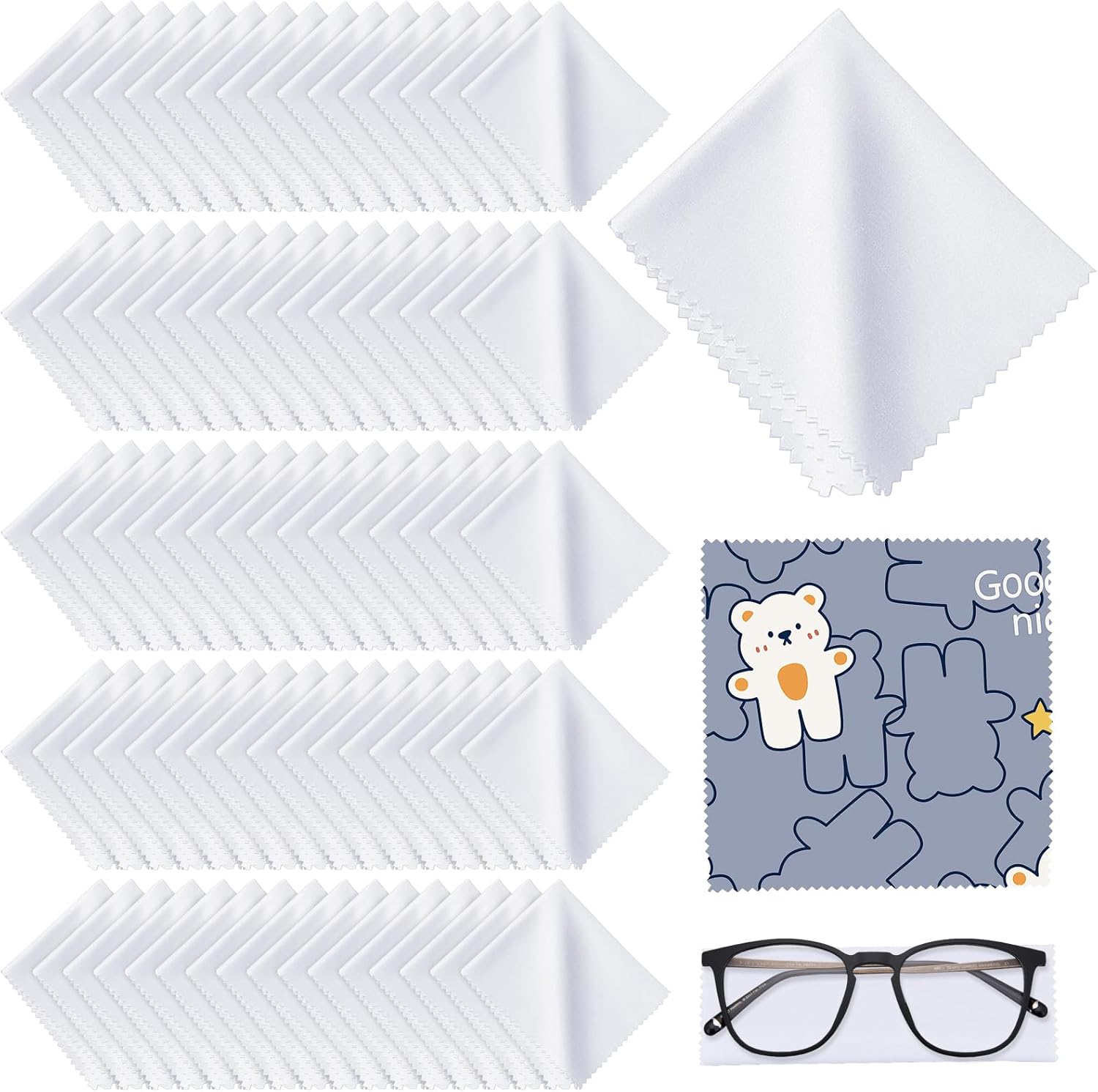 Supkiir 150 Pcs Microfiber Cleaning Cloth for Glasses, White Reusable Eye Glasses Clean Cloths, 5.46 x 5.46 Inch Lens Cleaning Cloth for Eyeglasses Phone Laptop Screens Silverware and Camera Lenses