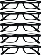 OPULIZE TED Reading Glasses for Women Men, Lightweight Narrow Rectangular Matt Frame with Spring Hinges, Black +2.50 (Pack of 5)