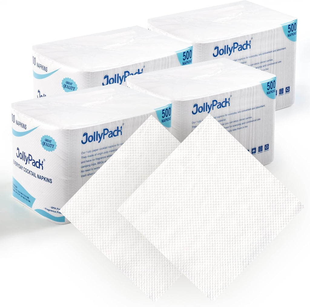 JollyPack 2000 Count White Beverage Napkins - 1-Ply 4.9 x 4.9 Folded Bulk Cocktail Napkins Paper, Lunch Paper for Restaurants, Bar and Party - 9.8 x 9.8 Unfolded