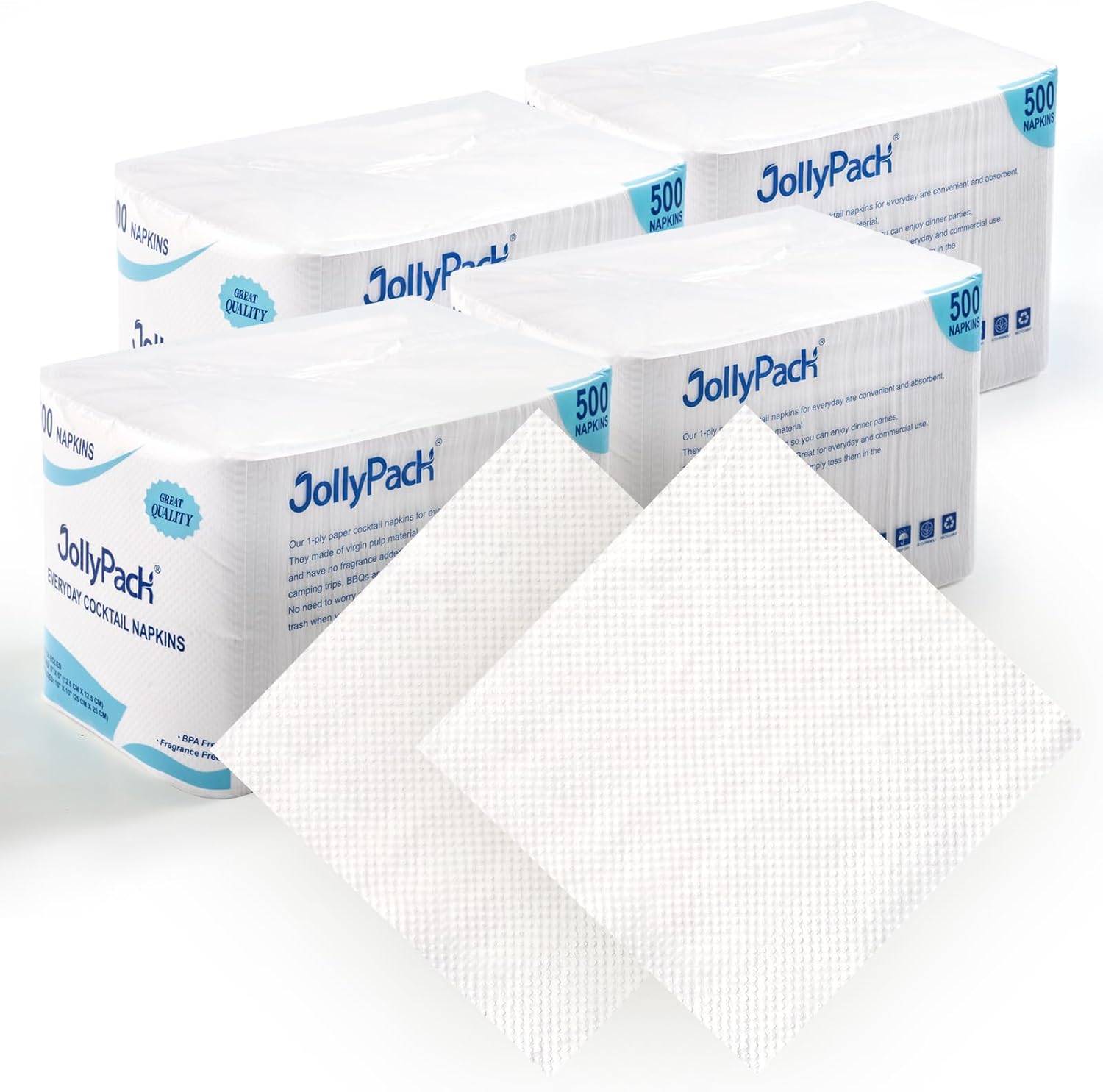 JollyPack 2000 Count White Beverage Napkins - 1-Ply 4.9 x 4.9 Folded Bulk Cocktail Napkins Paper, Lunch Paper for Restaurants, Bar and Party - 9.8 x 9.8 Unfolded