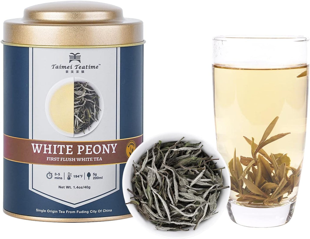 Taimei Teatime Premium White Tea Loose Leaf, White Peony Tea-Bai Mu Dan- Organically Grown Chinese Fujian Loose White Tea Leaves, in Tea Tin(1.41oz|40g)