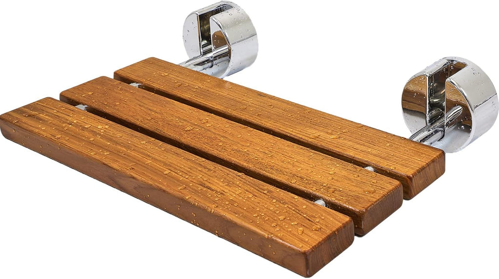 HomeAesthetics 20" Teak Wood Folding Wall Mounted Shower Seat Bench, Medical Wall Mount Foldable Fold Up Chair Bathroom Stool Foldaway Shower Seating, Clear Coated for Protection and Premium Smooth Fi