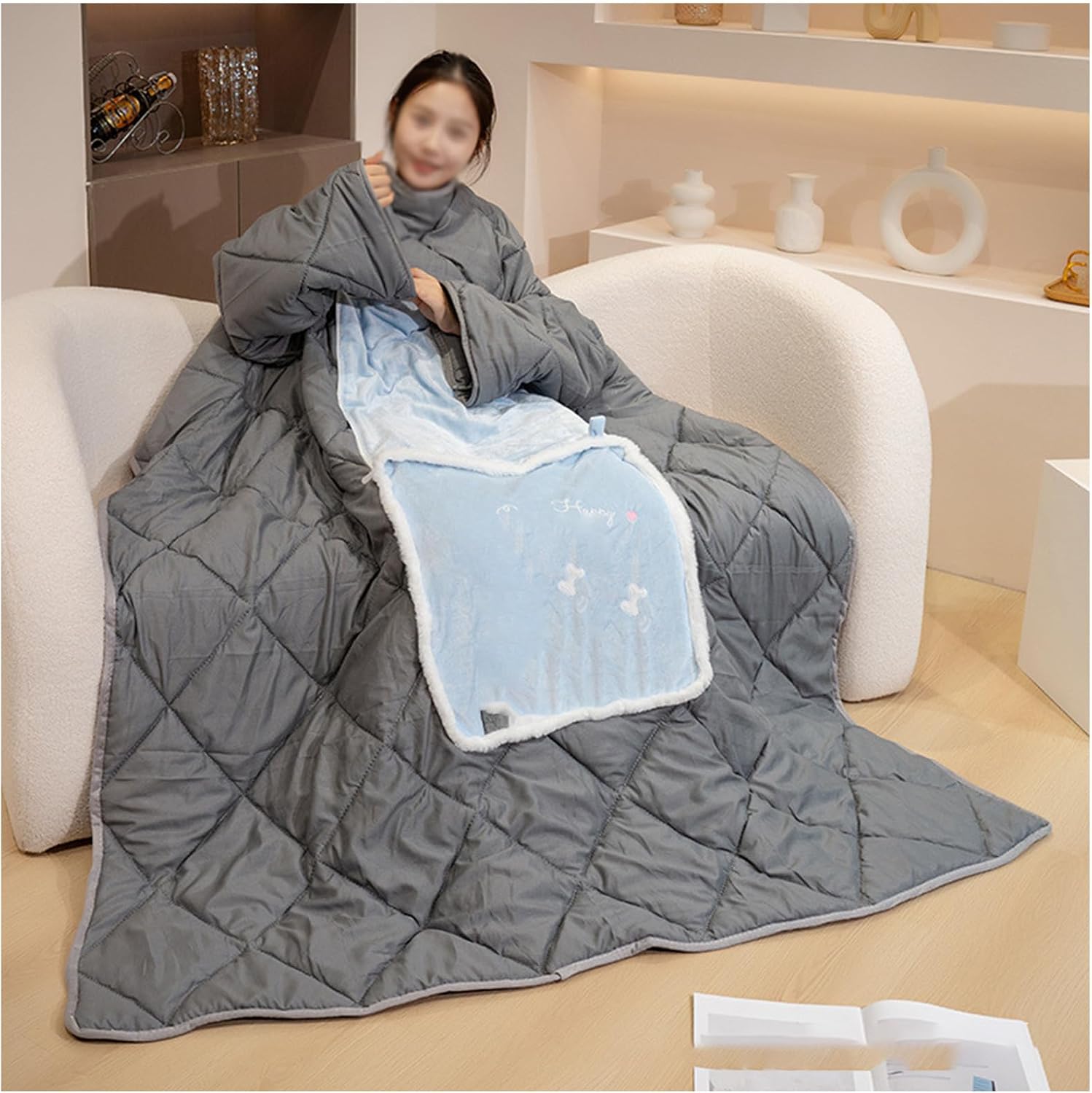 Lazy Sleeve Quilt - Winter Thick And Warm Wearable Blanket, Multi Functional Detachable Single Tv Sleepwear, Warm Full Body Tv Wrapping Blankets, Suitable For (Size:100 * 150 cm/39 * 59 in,Color:grey)