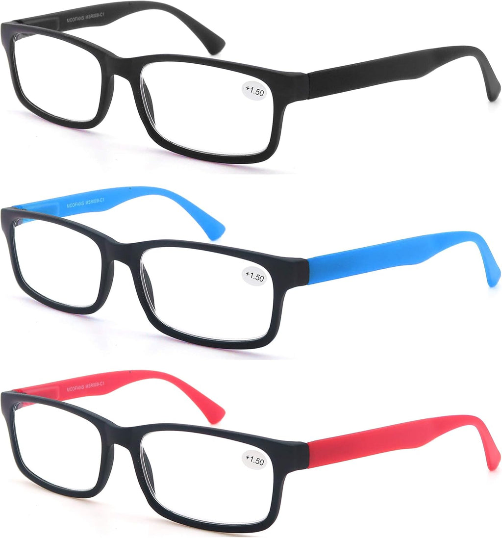 MODFANS Reading Glasses Men Women 2.75 Strength Readers Eyeglasses Square Matte Comfort Feel Spring Hinge 3 Pack Mix Color Black Red Blue
