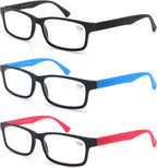 MODFANS Reading Glasses Men Women 2.75 Strength Readers Eyeglasses Square Matte Comfort Feel Spring Hinge 3 Pack Mix Color Black Red Blue