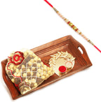 Ghasitaram Gifts Rakhi Gifts for Brothers Rakhi Chocolate Small Wooden Serving Tray with Nutties Pouch and Pooja Thali with Pearl Rakhi