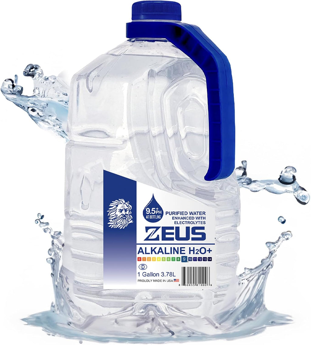Zeus Alkaline Water Gallon 4-Pack | 9.5 pH Ionized Water with Electrolytes | Hydration Boost - Premium Drinking Water | Four One Gallon Bottles