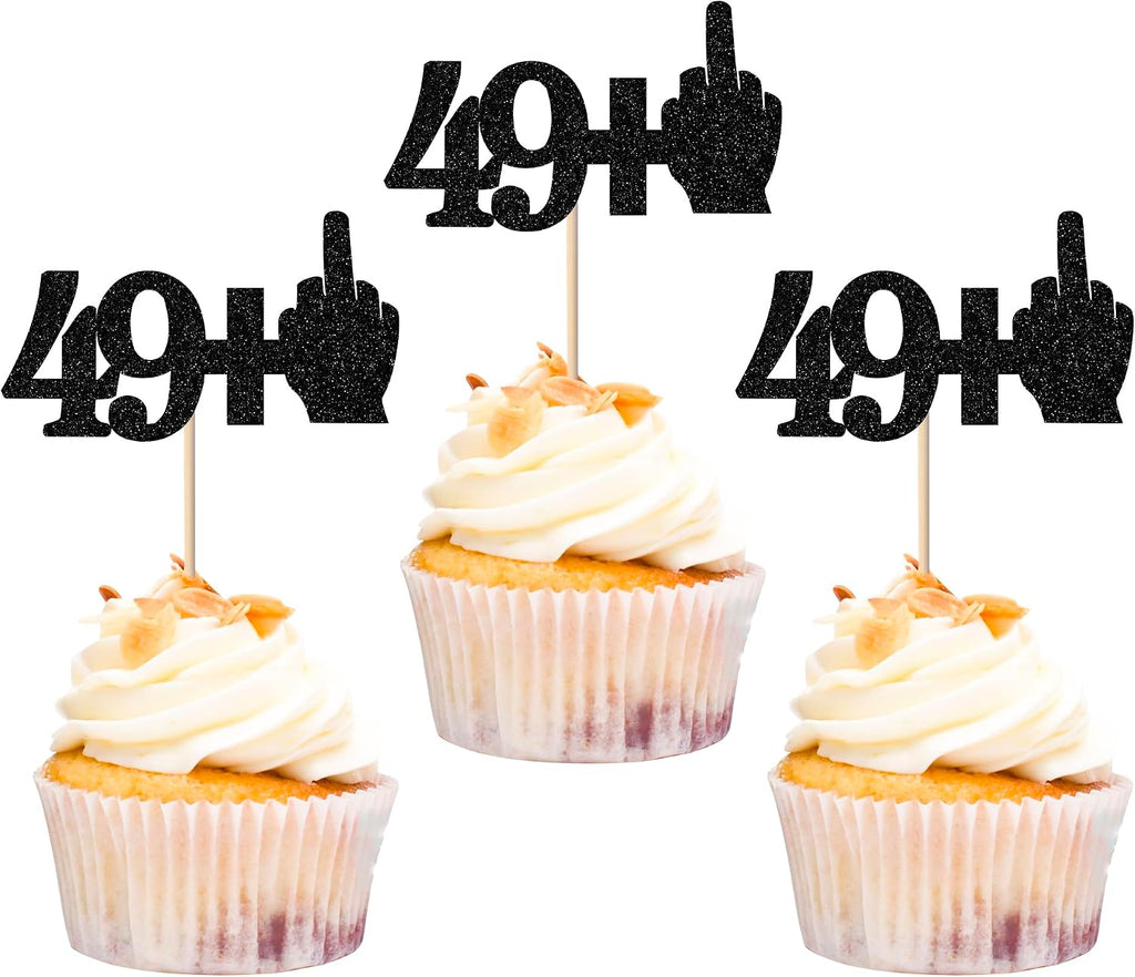 Rsstarxi 24 Pack 50th Birthday Cupcake Toppers Glitter Middle Finger 49+1 Cupcake Toppers Funny Cheers to 50 Fabulous Cupcake Picks Decors for 50th Birthday Anniversary Party Cake Decorations Black