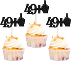 Rsstarxi 24 Pack 50th Birthday Cupcake Toppers Glitter Middle Finger 49+1 Cupcake Toppers Funny Cheers to 50 Fabulous Cupcake Picks Decors for 50th Birthday Anniversary Party Cake Decorations Black