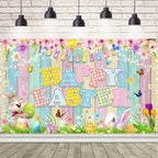 AIBIIN Happy Easter Backdrop Cute Bunny Rabbit Happy Easter Banner Spring Grass Colorful Egg Party Background Supplies Photo Booth Prop 70.8 x 43.3 inch