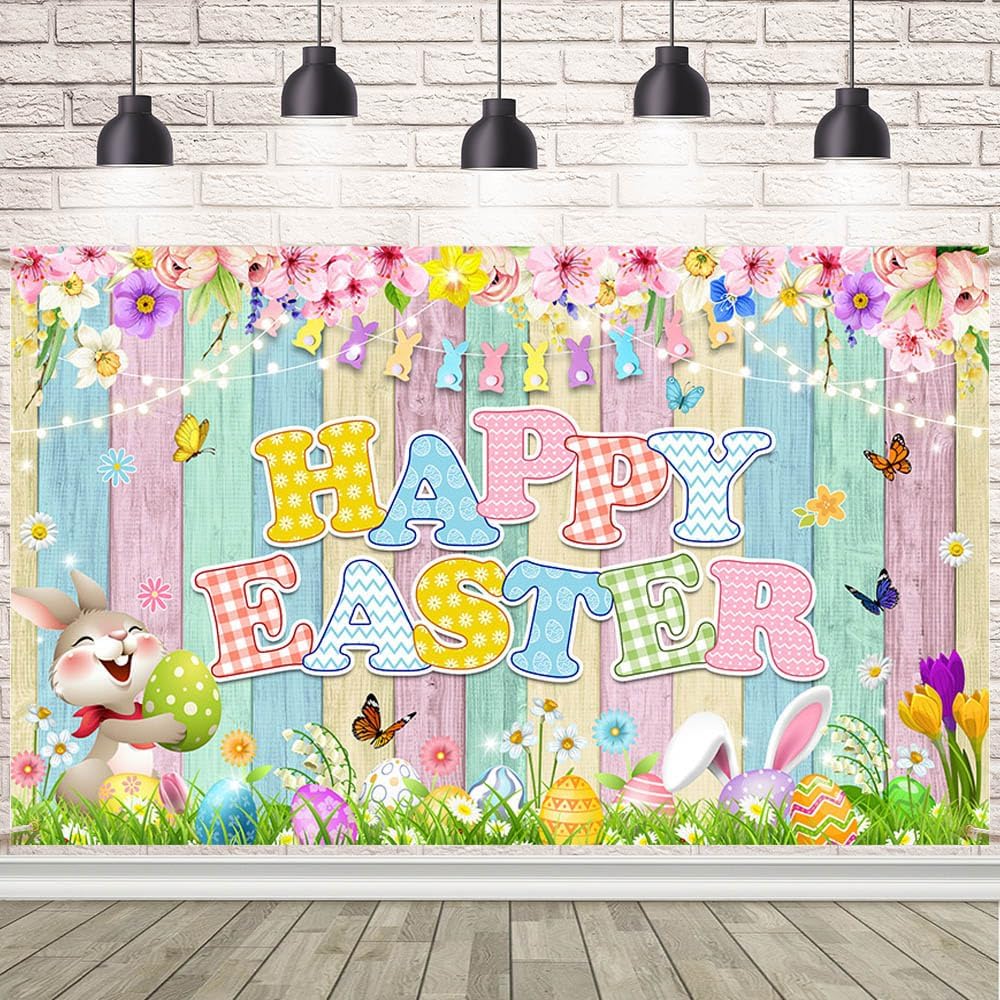 AIBIIN Happy Easter Backdrop Cute Bunny Rabbit Happy Easter Banner Spring Grass Colorful Egg Party Background Supplies Photo Booth Prop 70.8 x 43.3 inch