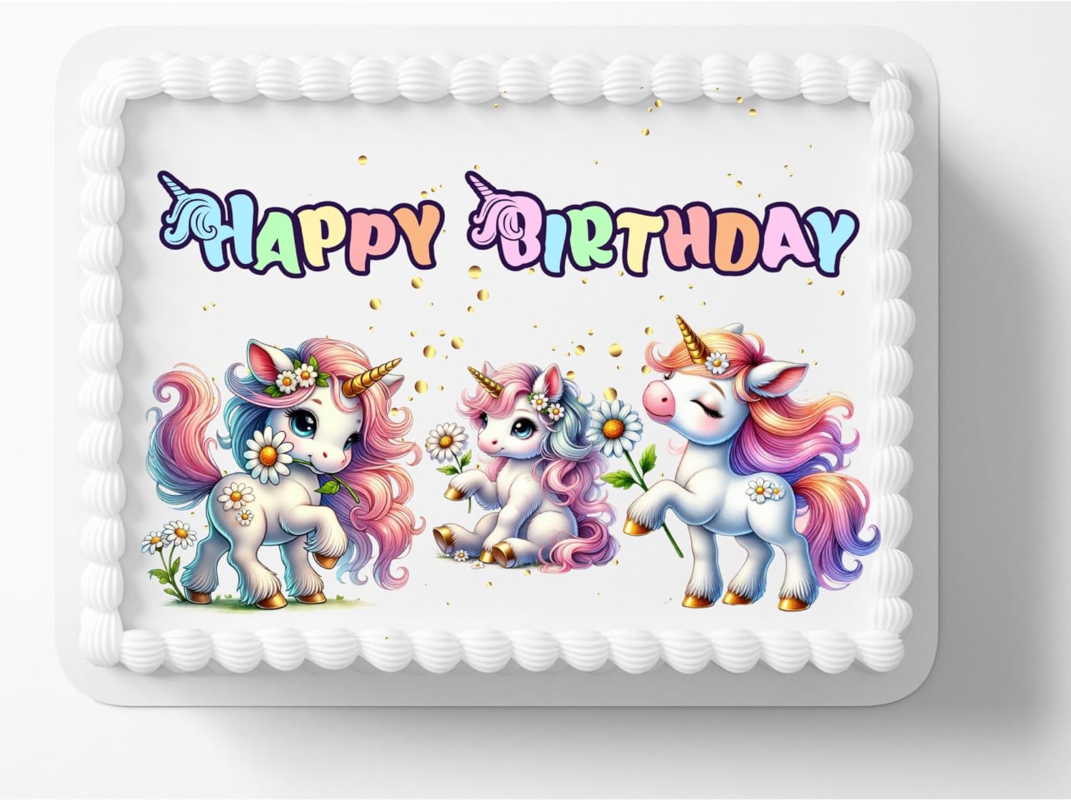 Cute Unicorn Design Birthday Themed Edible Image Cake Topper, Frosting Sheet Decoration Sticker Decal 10" by 8"