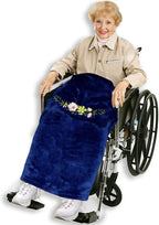 Wheelchair Blanket with Pouch for Adults, Fleece Wrap for Airplane & Train, Packable Nap Travel Accessories (Navy Blue + Embroidered Flower)