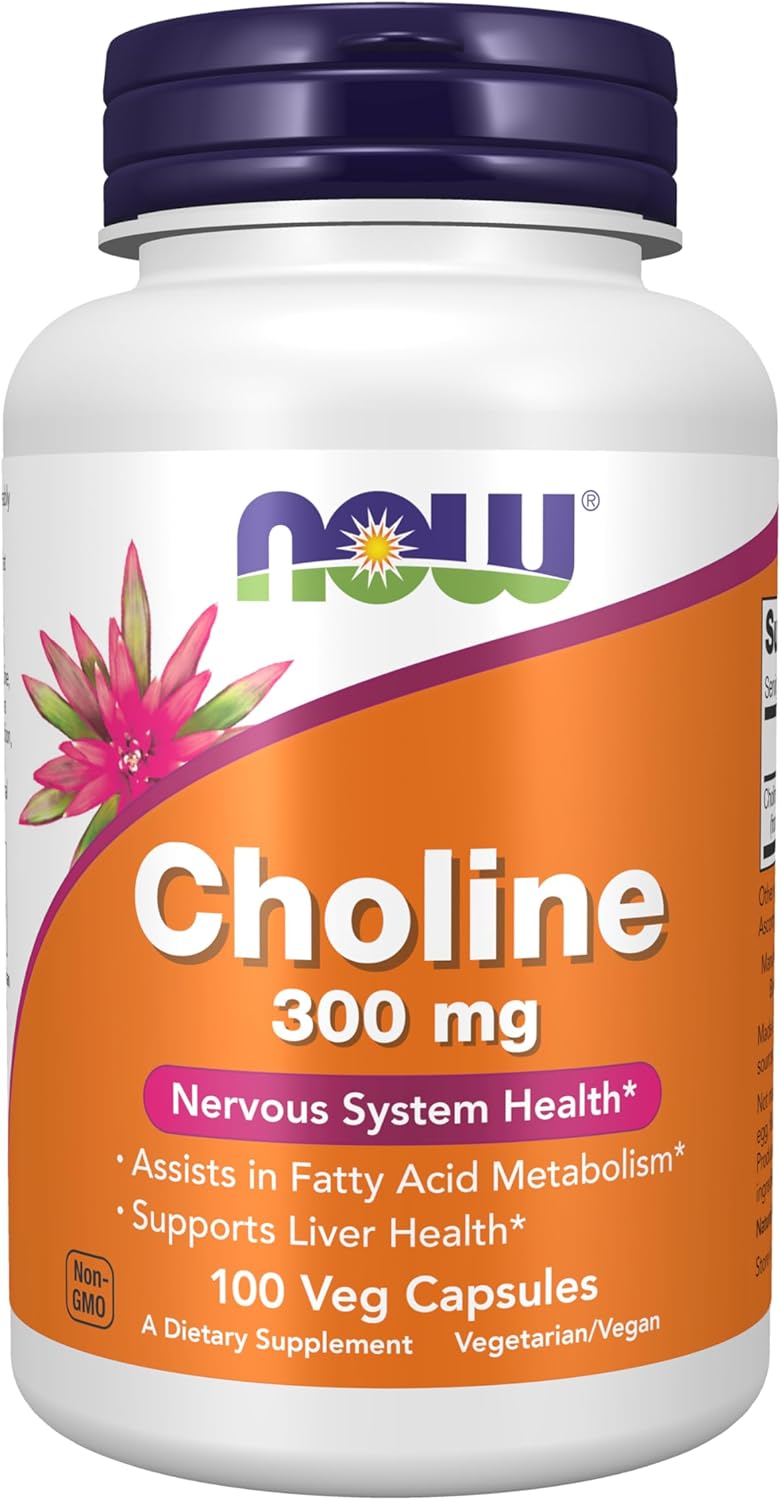 Now Supplements Choline 300 mg, 100 Veg Capsules - Supports Nervous System and Liver Health*, Vegan