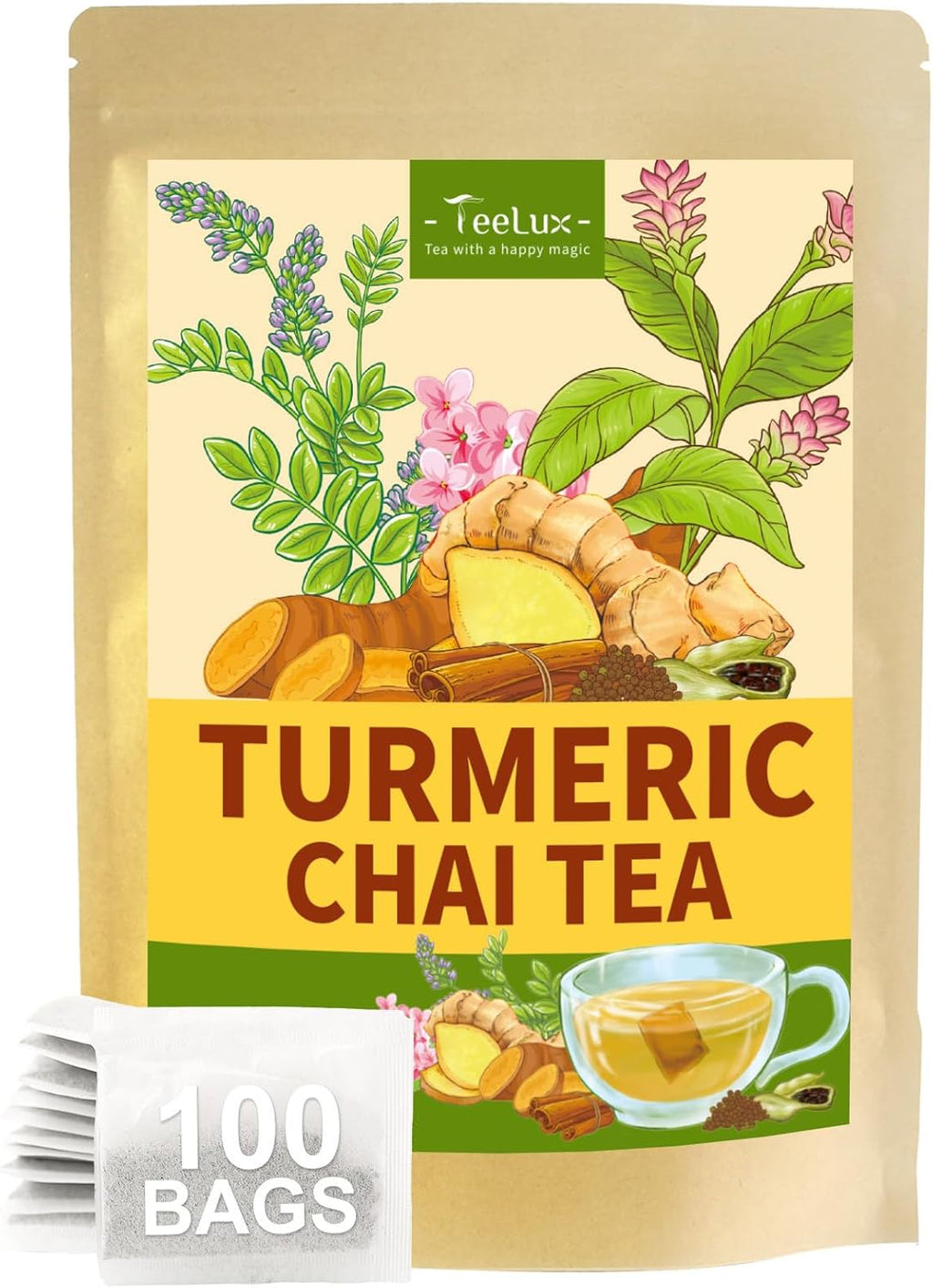 TeeLux Turmeric Chai Tea, Turmeric Tea with Licorice, Cinnamon, Ginger & Green Cardamom, Warming & Spicy Flavor, 100 Count