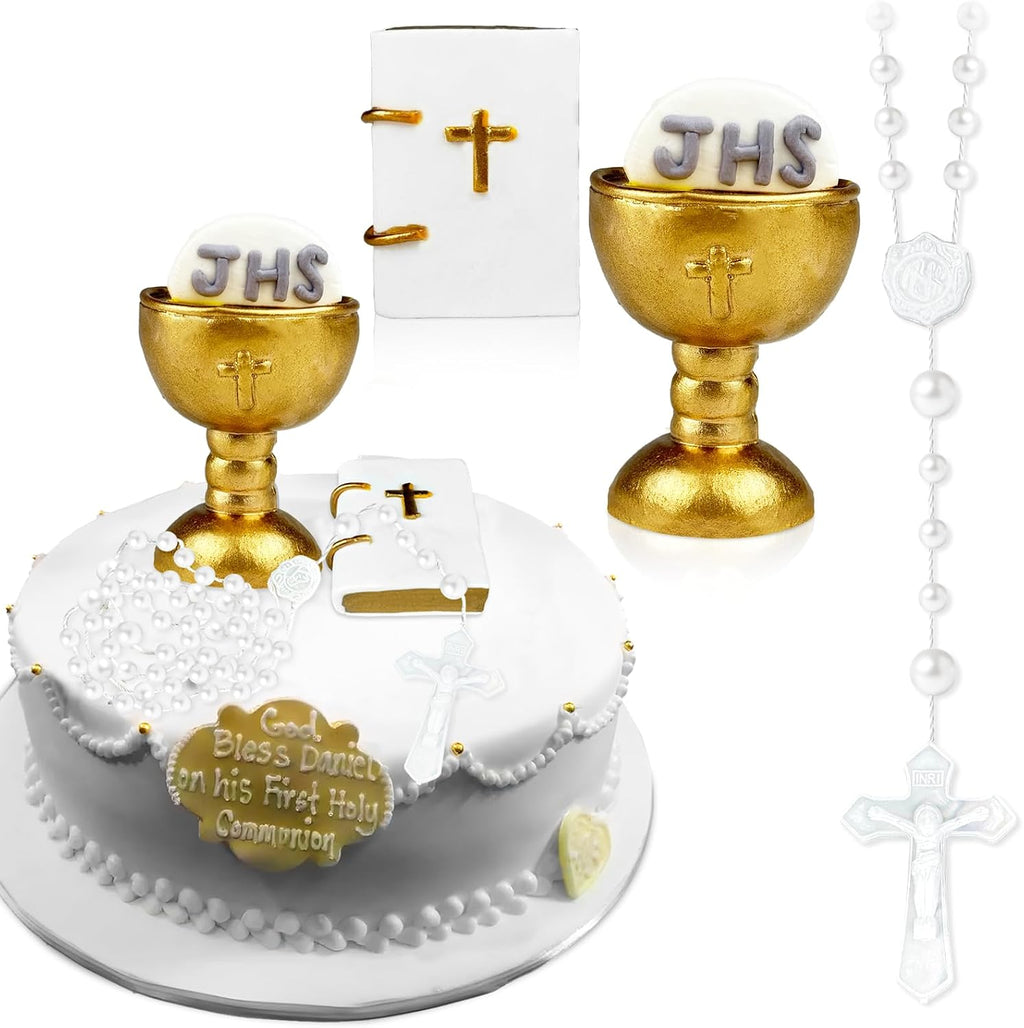 First Holy Communion Cake Decorating Kit, Plastic First Communion Cake Topper Set with Cross Rosary, Mini Bible, and Chalice for Elegant Celebration Accents, Religious Decor