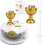 First Holy Communion Cake Decorating Kit, Plastic First Communion Cake Topper Set with Cross Rosary, Mini Bible, and Chalice for Elegant Celebration Accents, Religious Decor
