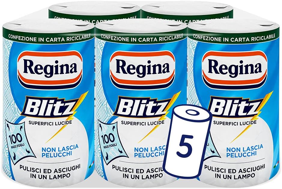 Regina Blitz Carta Casa,Confezione da 5 Rotoli,500 Maxi Fogli a 3 Veli,Confezione in Carta Riciclabile, Pulisci e Asciughi in un Lampo,Carta 100% certificata FSC