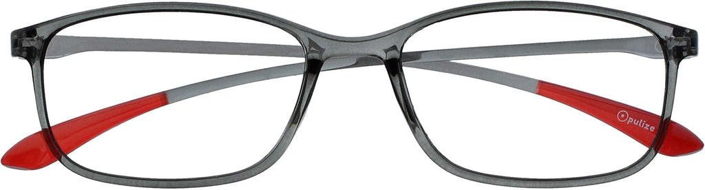 OPULIZE ICE Reading glasses for Women Men,Scratch Resistant Rectangular frame with Spring Hinges, Crystal Grey With Red Tips +2 (Pack of 1)