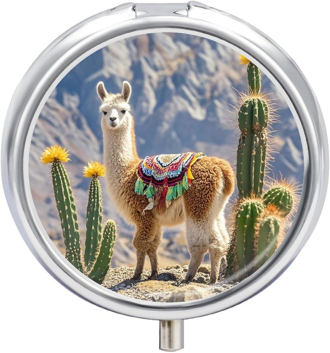 Llama Cactus Pill Box with 3 Compartments and Mirror Portable Pocket Pill Case Metal Travel Medicine Organizer Purse Medicine Holder for Vitamin Supplement Fish Oil