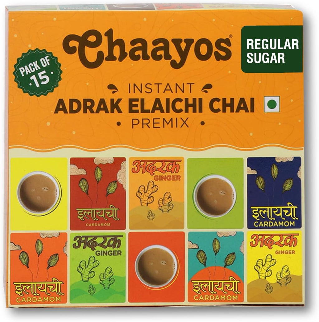 Chaayos Instant Tea Premix - Regular Sugar - Adrak Elaichi Chai (15 Sachets*22g =330g | Premix Ready Mix Tea | Assam Tea | Desi Chai | Flavoured tea | Tea Mix