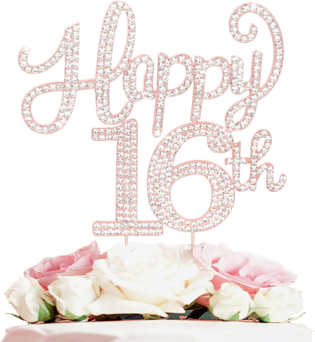 LASKYER Happy 16th Birthday Decorations,16th Birthday Rose Gold Rhinestone Cake Topper - Cheers to Sixteen Years Old Bday Party Metal Sparkly Cake Centerpieces Sign.