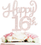 LASKYER Happy 16th Birthday Decorations,16th Birthday Rose Gold Rhinestone Cake Topper - Cheers to Sixteen Years Old Bday Party Metal Sparkly Cake Centerpieces Sign.