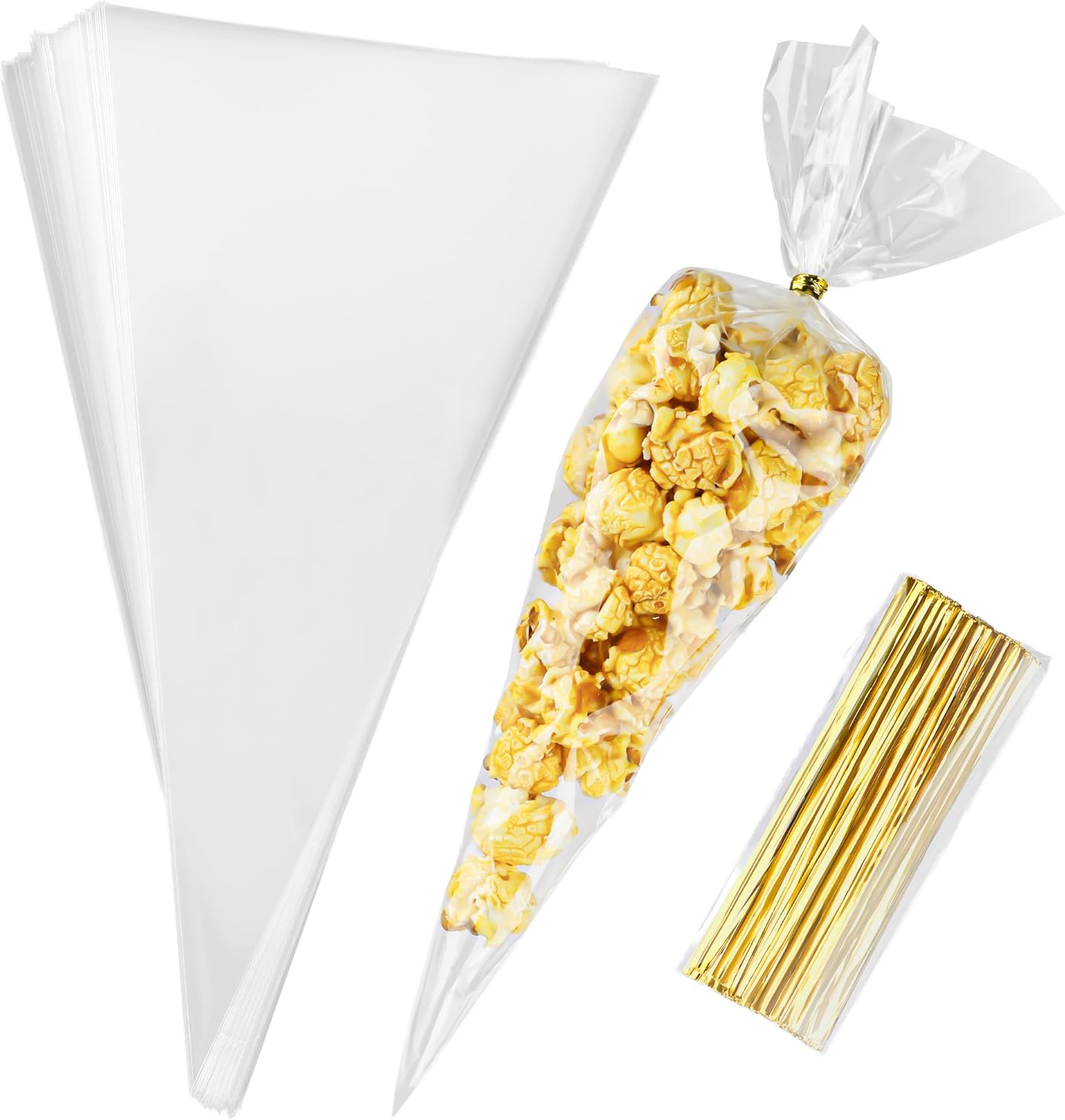 100Pieces Cone Shaped Treat Bags, Cone Shaped Cellophane Treat Bags, 10x5 Inches Triangle Clear Plastic Candy Bag with Twist Ties for Popcorn Cookies Gift Spring Holiday Graduation Party Supplies